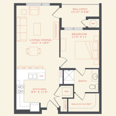 Rendering of the Hummingbird floor plan with 1 bedroom[s] and 1 bathroom[s] at Vita Littleton