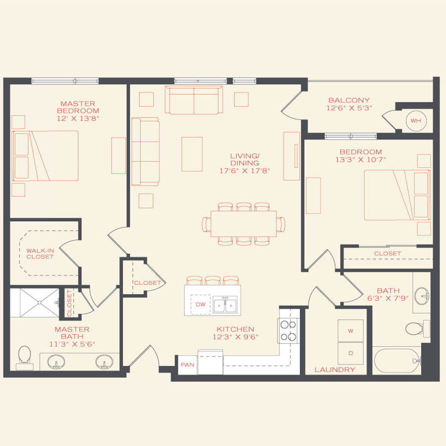 Rendering of the Cardinal floor plan with 2 bedroom[s] and 2 bathroom[s] at Vita Littleton