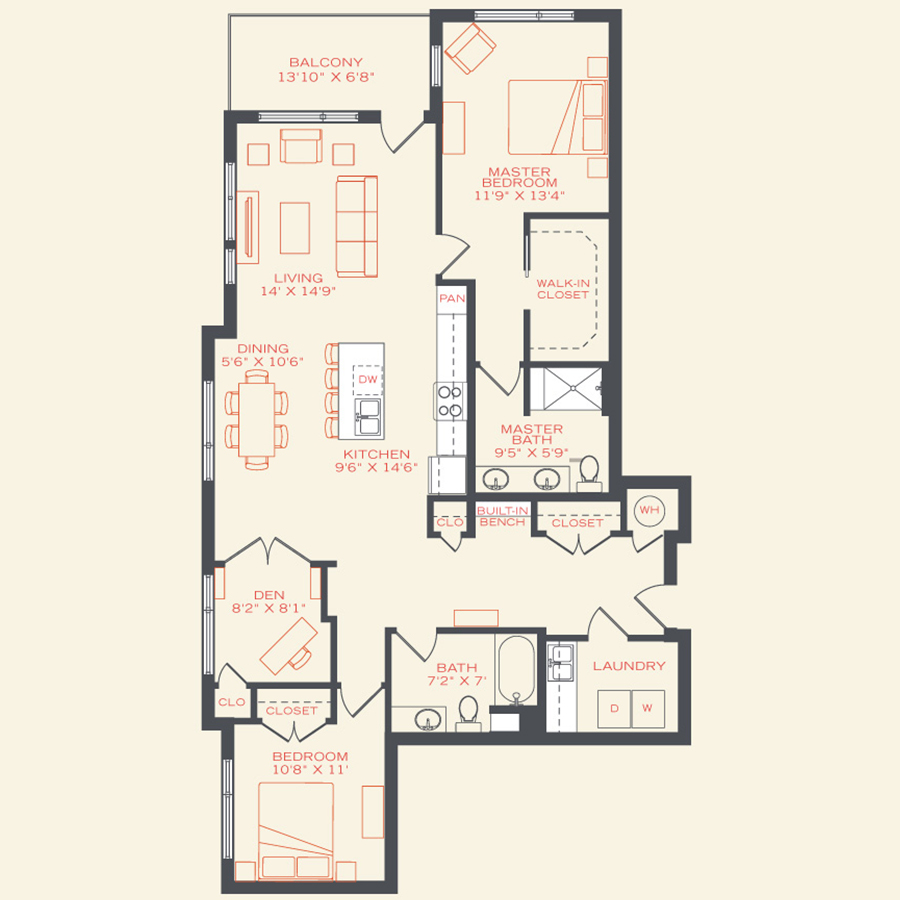 Rendering of the Eagle floor plan with 2 bedroom[s] and 2 bathroom[s] at Vita Littleton