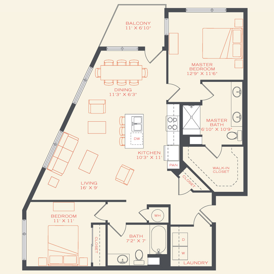 Rendering of the Dove floor plan with 2 bedroom[s] and 2 bathroom[s] at Vita Littleton