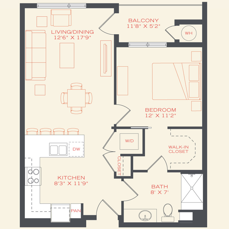 Rendering of the Chickadee floor plan with 1 bedroom[s] and 1 bathroom[s] at Vita Littleton