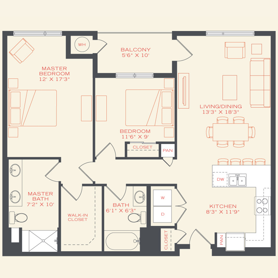 Rendering of the Magpie floor plan with 2 bedroom[s] and 2 bathroom[s] at Vita Littleton