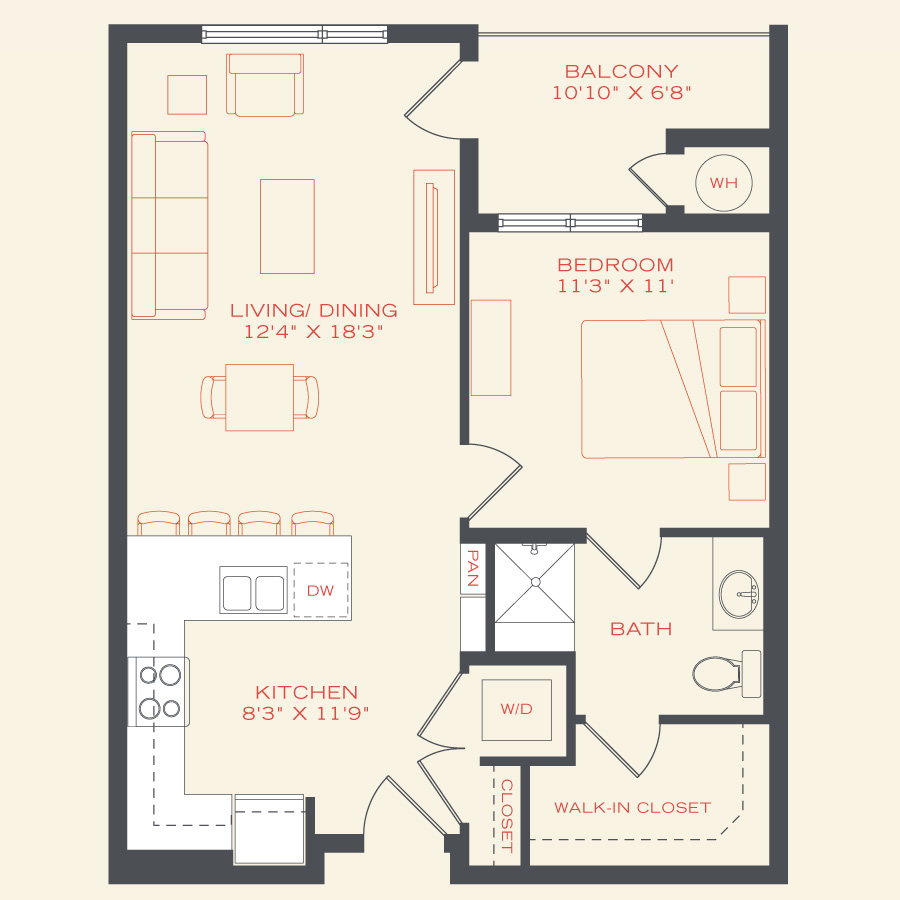 Rendering of the Hummingbird floor plan with 1 bedroom[s] and 1 bathroom[s] at Vita Littleton