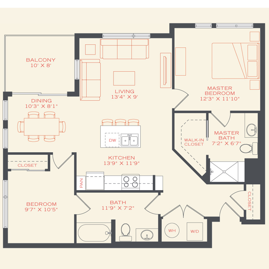 Rendering of the Wren floor plan with 2 bedroom[s] and 2 bathroom[s] at Vita Littleton