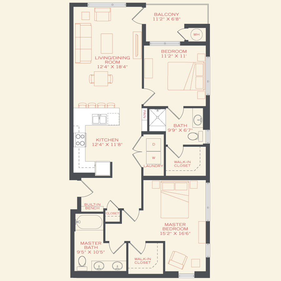 Rendering of the Heron floor plan with 2 bedroom[s] and 2 bathroom[s] at Vita Littleton