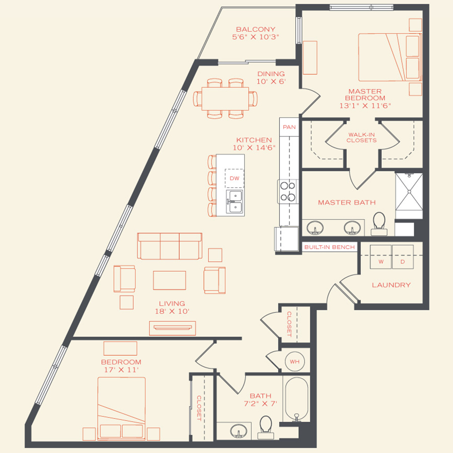 Rendering of the Sparrow floor plan with 2 bedroom[s] and 2 bathroom[s] at Vita Littleton