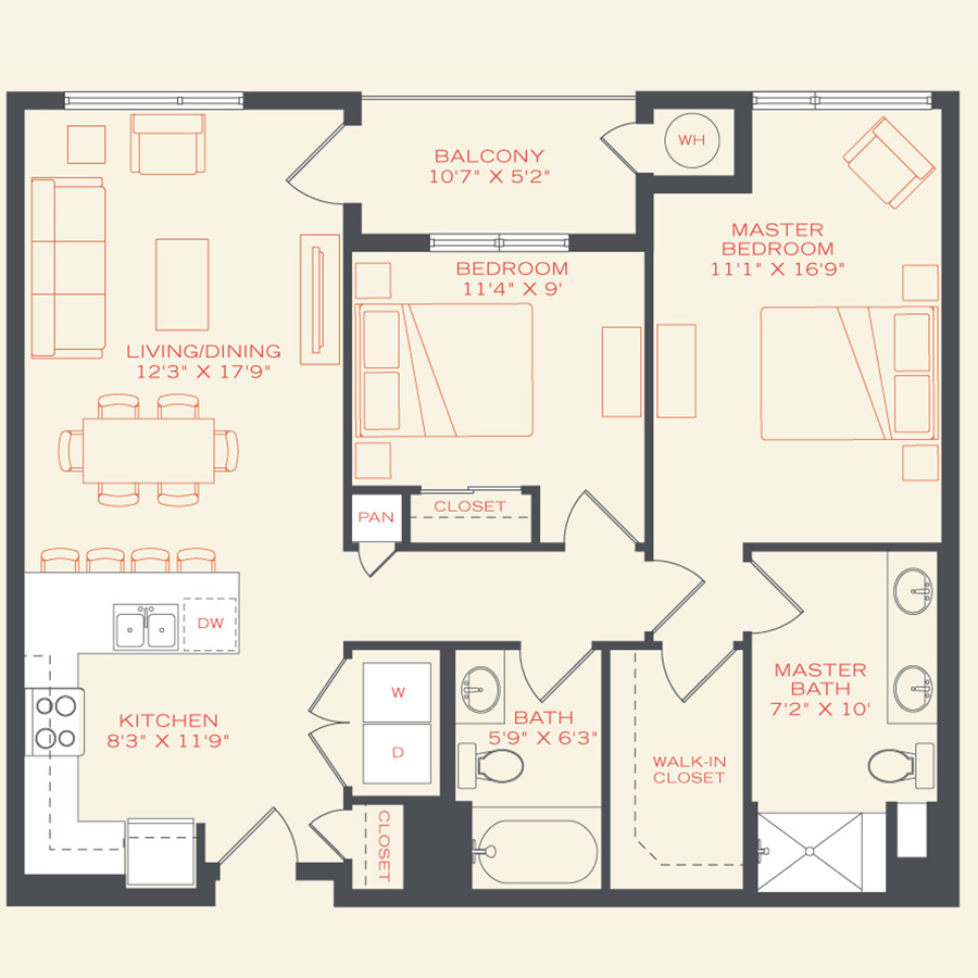Rendering of the Lark Bunting floor plan with 2 bedroom[s] and 2 bathroom[s] at Vita Littleton