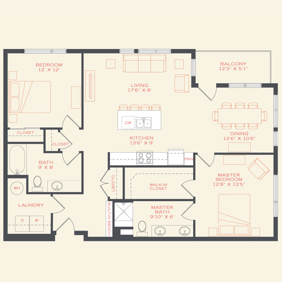 Rendering of the Bluebird floor plan with 2 bedroom[s] and 2 bathroom[s] at Vita Littleton