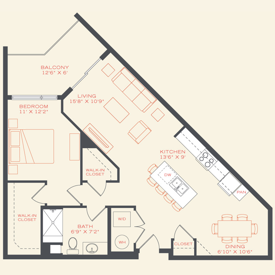 Rendering of the Starling floor plan with 1 bedroom[s] and 1 bathroom[s] at Vita Littleton