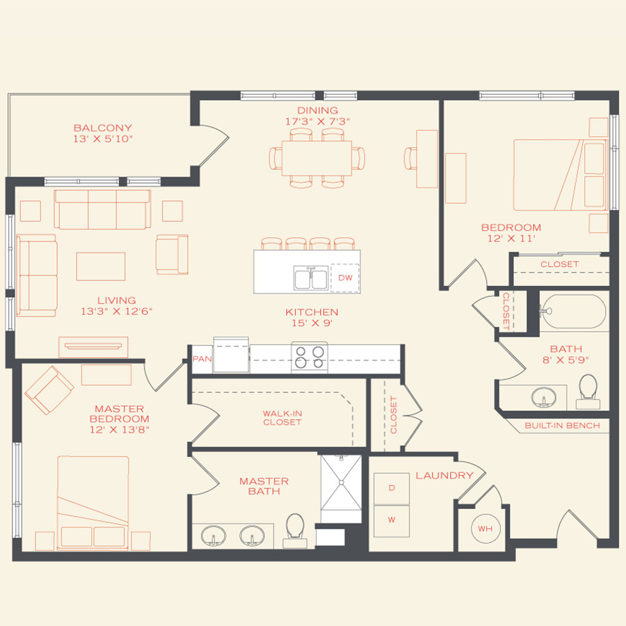 Rendering of the Hawk floor plan with 2 bedroom[s] and 2 bathroom[s] at Vita Littleton